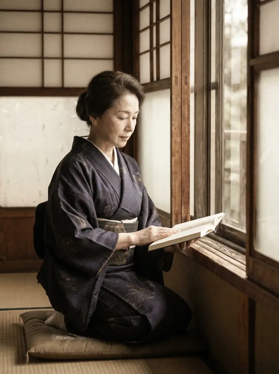 一位优雅的五十岁 17c最新域名 身穿深蓝色和服，在窗边静读
